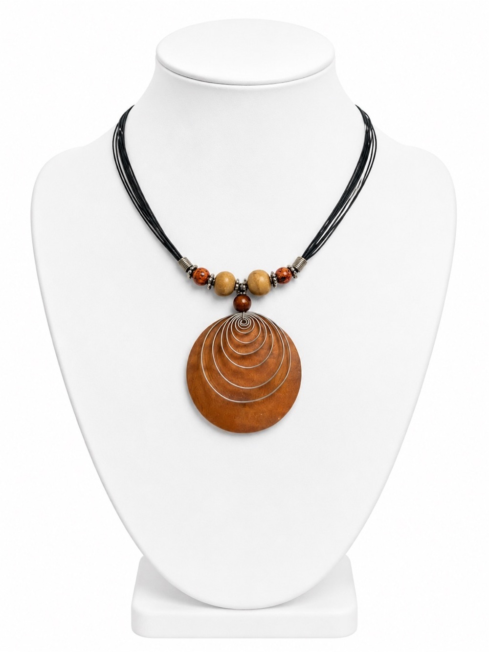 Vintage 90s Boho Statement Beaded Wood Pendant Artisan Necklace